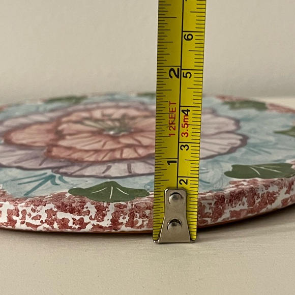 Vintage Hand Painted Redware Floral Round Tile Cork Trivet Wall Decor - Picture 4 of 5